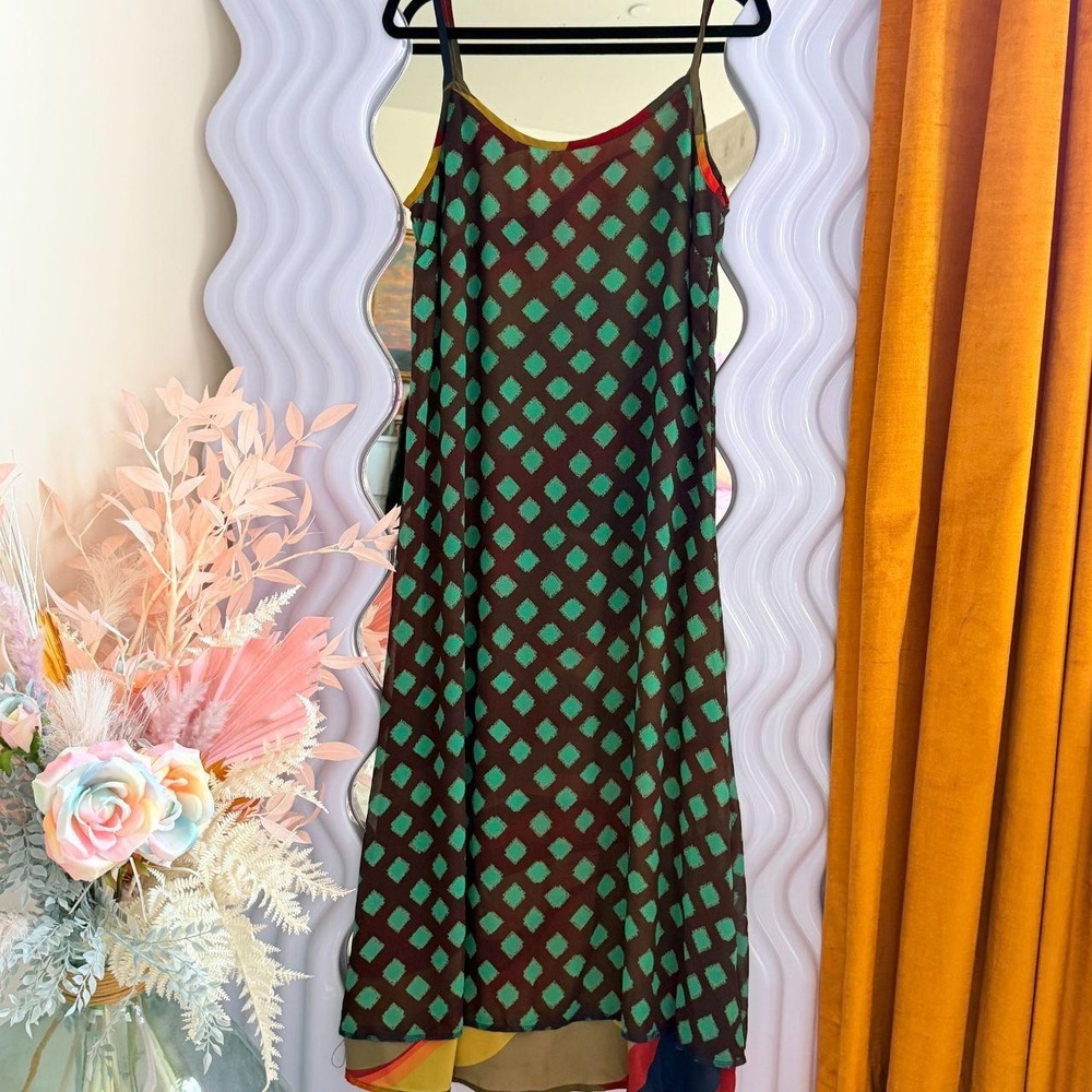Reversible Abstract Geometric Multicolor Midi Slip Dress Art to Wear L